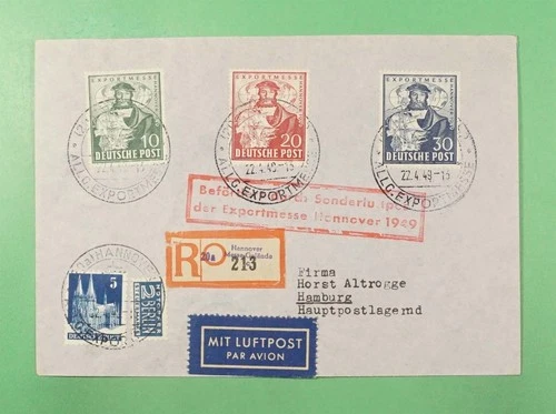 DR WHO 1949 GERMANY FDC? HANNOVER EXPORT FAIR EXPO COMBO REGISTERED R48662