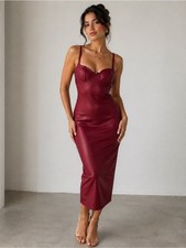 Fashion Nova Dark Red Faux stretchy Leather Bustier Midi Dress Sz L Party Glam