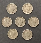 Lot of 1940's Mercury Dimes (7). 90% Silver. No Duplicates! Good Condition.