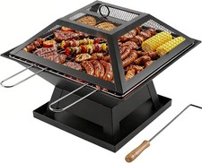 Fire Pit Garden with BBQ Grill, Outdoor Heater Metal Mesh Lid & Poker