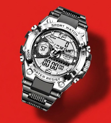 Mens Sport Watch Quartz Digital Luminous Waterproof Wristwatch Black Silver Dial