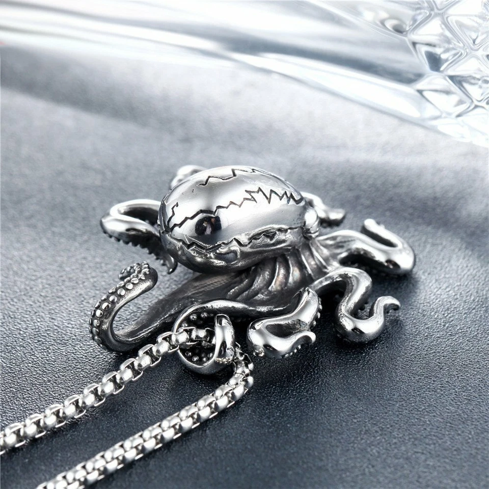 MENDEL Mens Octopus Pendant Necklace Stainless Steel Biker Jewelry Chain Silver - Image 3 of 4