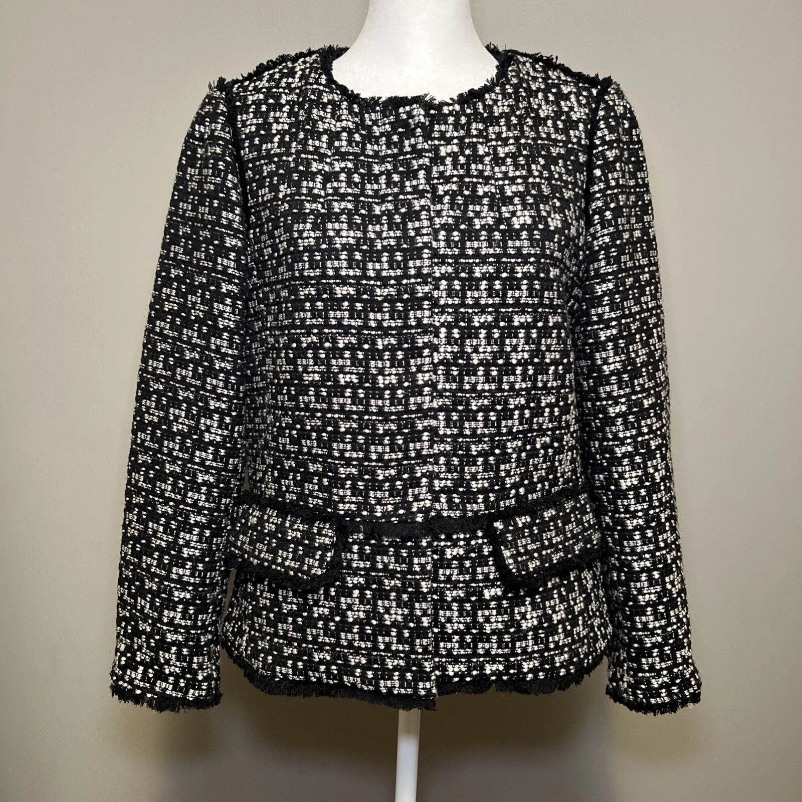 VETEMENTS Giacca blazer tweed nero bianco Ann Taylor taglia 6 frange manica 3 4 lavoro carriera