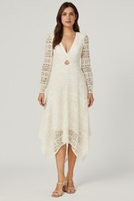 GUESS Marcella Lace Boho Midi Dress Cream Cutout Handkerchief Hem Sz 10  NWT