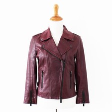Lamarque Joanna Burgundy Asymmetric Motorcycle Leather Jacket Cropped Sleeves Xs