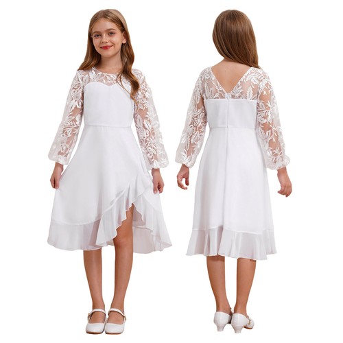 Kids Girls Dress Princess Gown Church Reception Prom Ball Asymmetric Flower - Picture 4 of 70