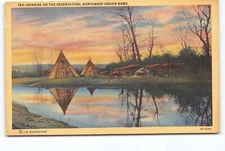 Sunrise On Reservation Northwest Indian Home Linen Postcard Vtg Unposted