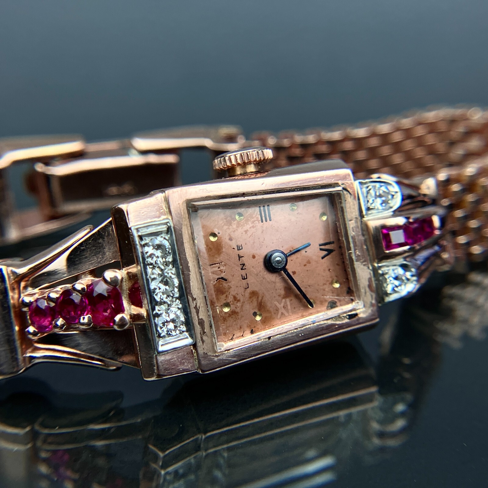 Rose Gold Ruby & Diamond Retro Ladies Wristwatch - 14k Mechanical Round .92ctw Diamond Ruby Rose Gold Ladies Watch - Etsy main image 4