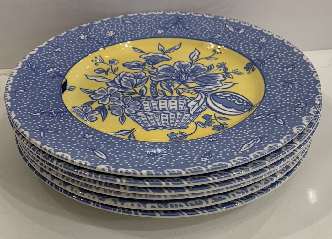 6 x Royal Stafford Dinner Plates, 11" Flower Basket, Blue and Yellow