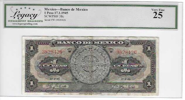 MEXICO - BANCO DE MEXICO  1 PESO  SERIES W P-38C 1945  LCG 25