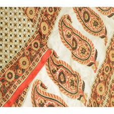 Sanskriti Vintage Sarees Indian Ivory Pure Silk Printed Sari Soft Craft Fabric