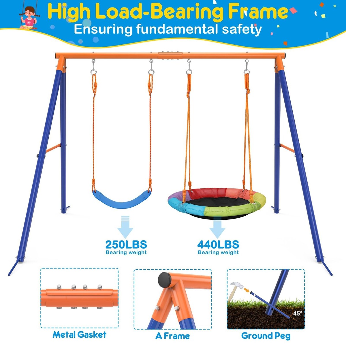Swing Set with Stand 2 Swings for Kids Heavy Duty Metal A-Frame