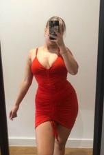 red bodycon plunge rouched dress - small