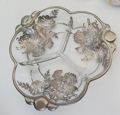 Poppies Floral Overlay Three Section Divided Dish Silver Vintage