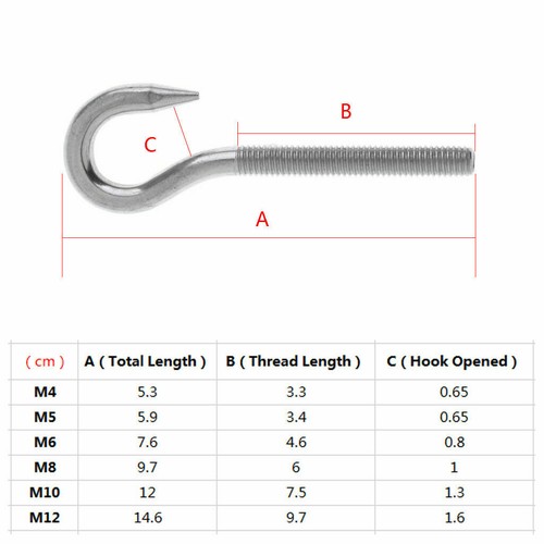 Bolt Eye Metric Thread M4 M5 M6 M8 M1 M12 Hook Bolt - 304 Stainless Steel Fasten - Picture 54 of 59