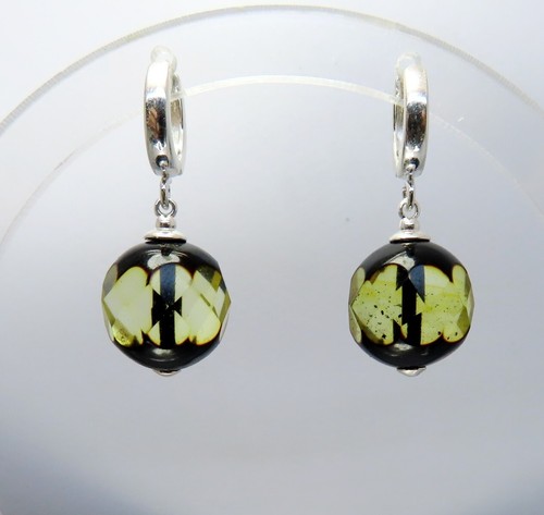 925 Sterling Silver Earrings with Faceted Genuine BALTIC AMBER 13mm spheres