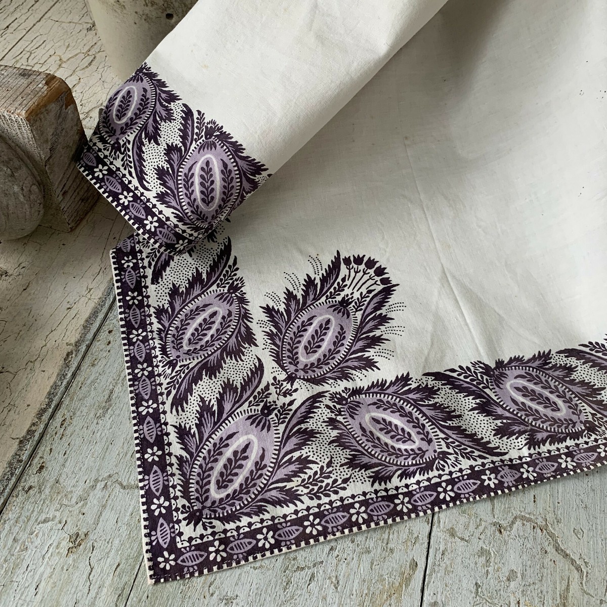 Antique French Fichu Neckerchief Shawl 1800's purple block printed