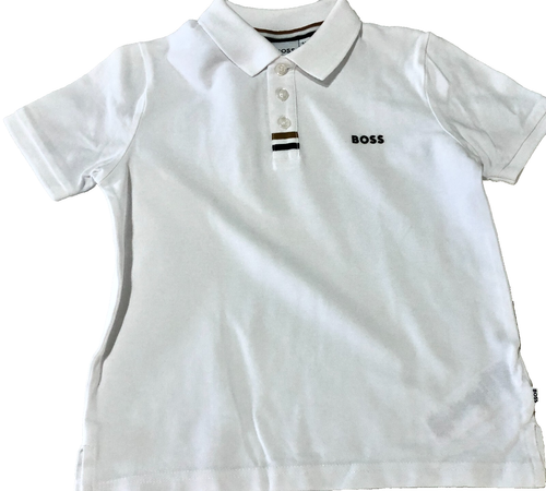 BOSS BOYS SZ. 6 WHITE S/S COLLAR POLO NECK BUTTONS ACCENT STRIPE /LOGO