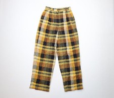 Vintage 70s Streetwear Womens 26 Linen Blend Pleated Wide Leg Chino Pants Plaid