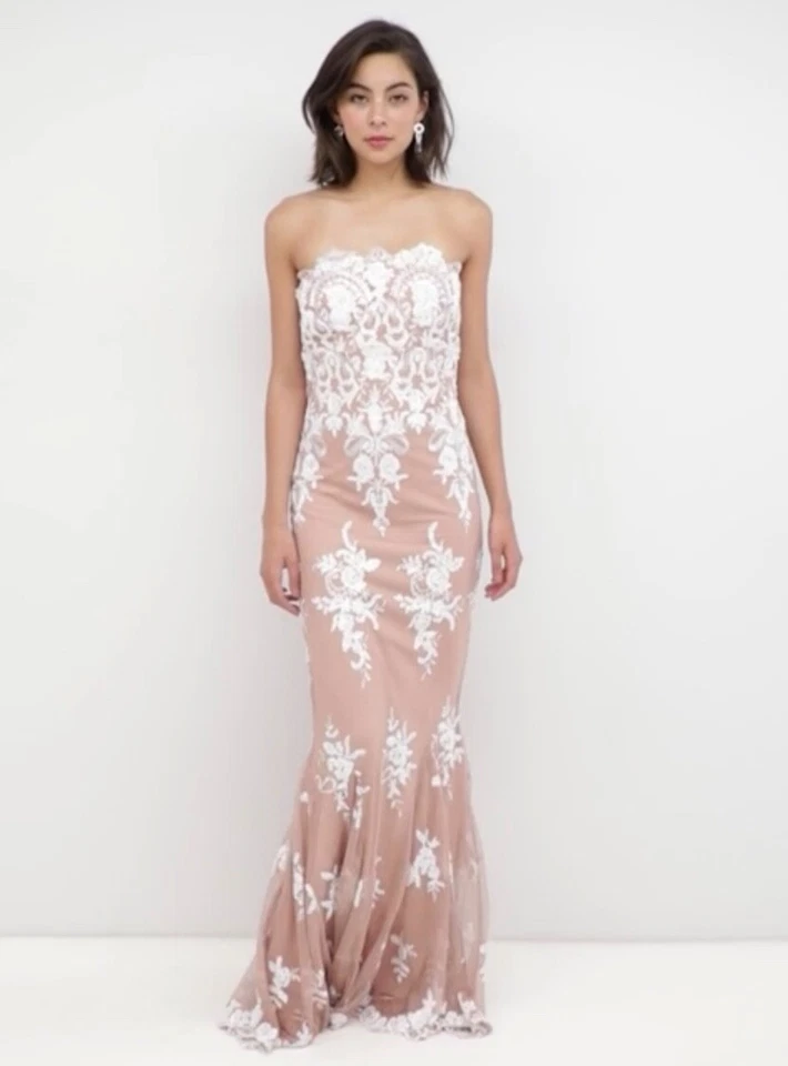City Goddess size 12 Strapless Sequin Embroidered Nude Pink and White Maxi Dress - Image 4 of 4