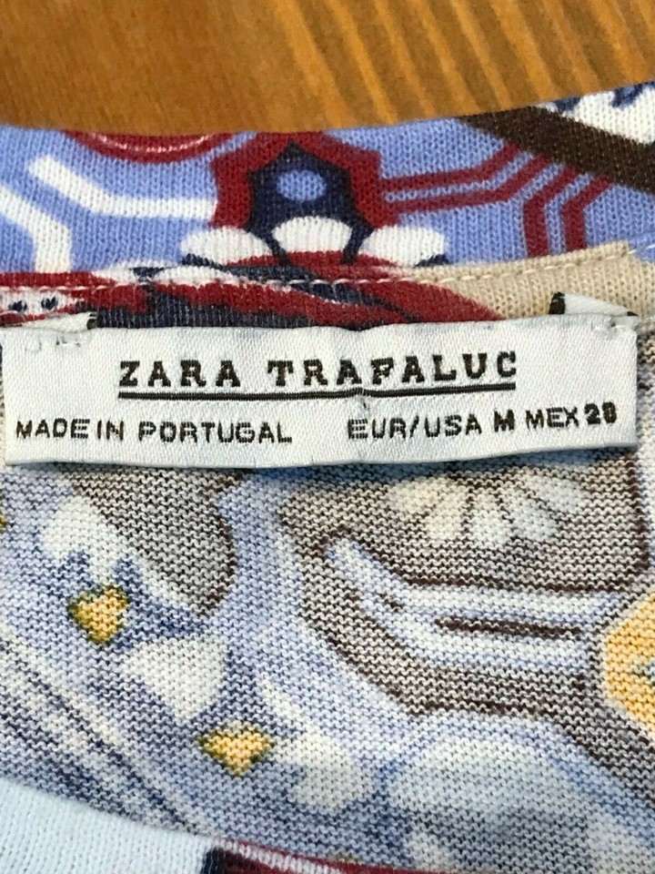 ZARA Ladies Green Blue Geometric Floral Stretch Tshirt Top Short