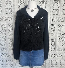 Nine & Co Black Chunky Open Knit Long Sleeve Shawl Collar Cardigan Sz Medium