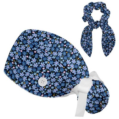 Floral Scrub Surgical Caps With Ponytail Buttons Nurse Hat Long Hair Bouffant