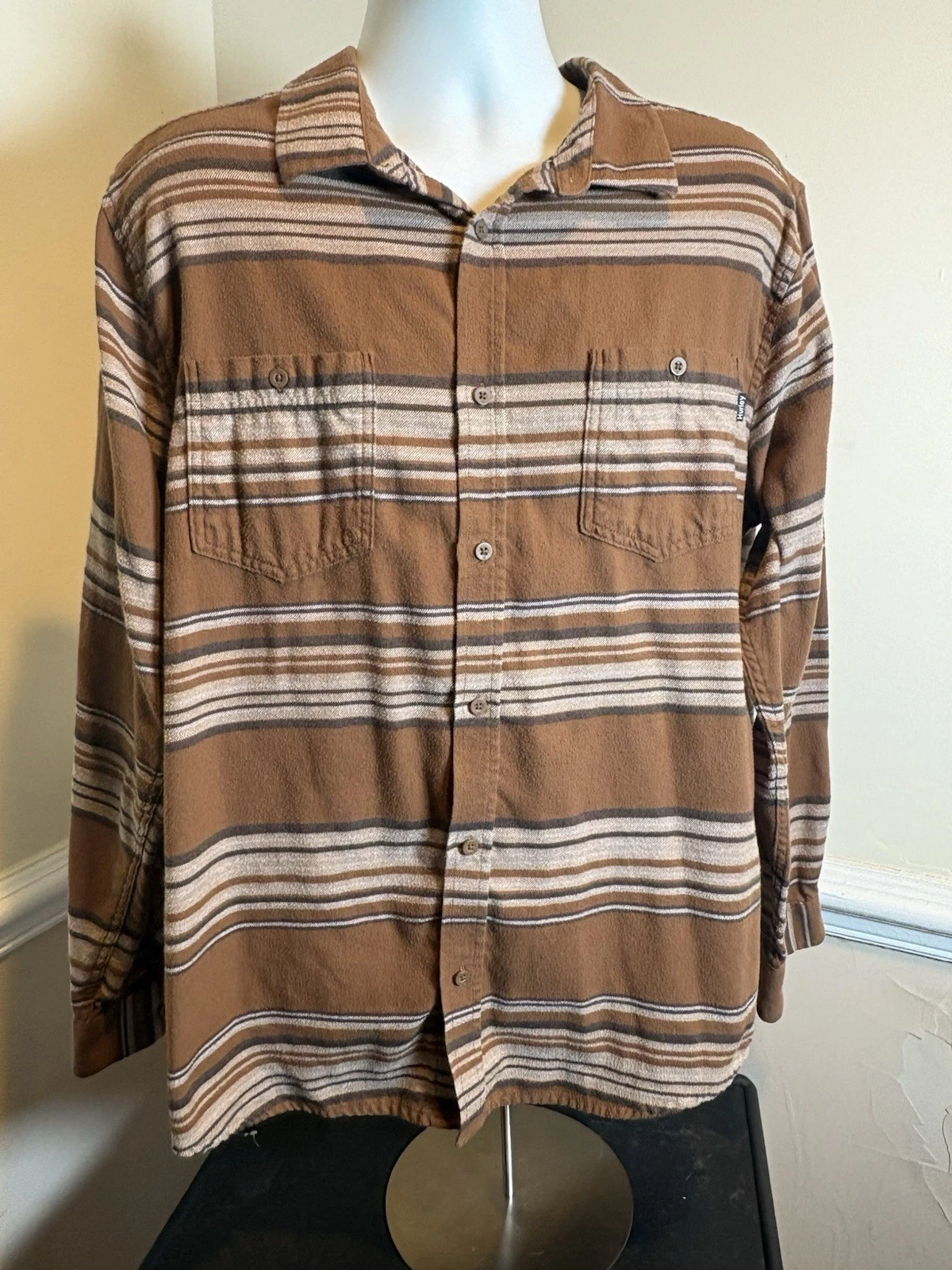 Hurley Mens Shirt XL Brown Striped Flannel Long Sleeve Button Up Grunge