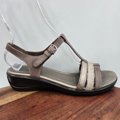Ecco Flash Sandals Women's 40 / 9 Brown Pewter Leather T-Strap Comfort Wedge