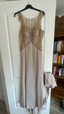 Goya London Formal Maxi Dress UK 10 Beige Beaded Sequin Satin Mesh Lined!