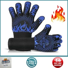 BBQ Gloves 1472℉ Heat Resistant, 14" Silicone Non-Slip Grill Mitts Blue