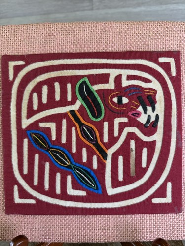 Vintage MOLA Panama Stil handgenäht Volkskunst Stier? Löwe? Wandbild 9”X 9.5” - Bild 3 von 12