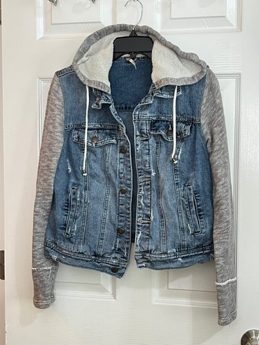 Chaqueta vaquera para mujer Free People gris mangas tejidas sudadera con capucha desgastada talla M
