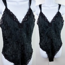 Victoria's Secret Vintage Gold Label Black Satin Jacquard Floral Lace Bodysuit