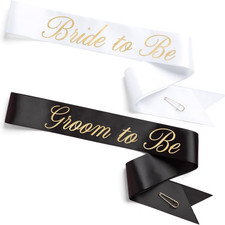 Bride and Groom Sash Duo 2 Pack  White and Black Satin, Gold Foil