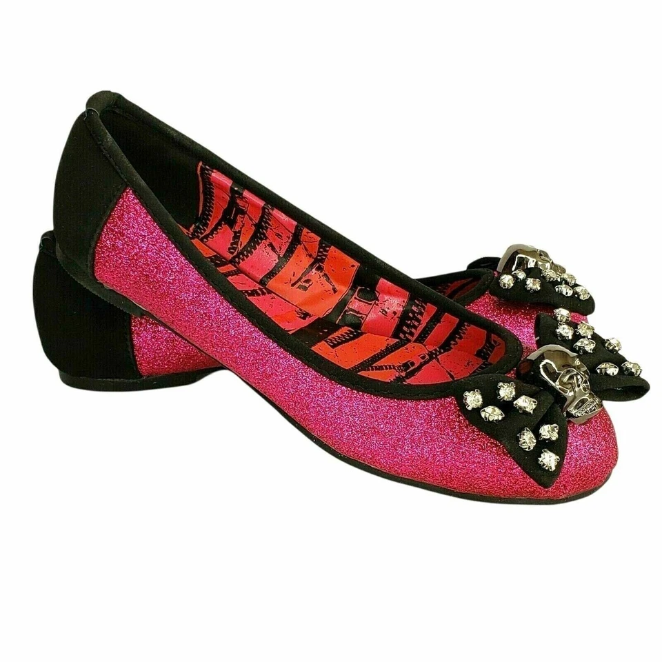 Abbey Dawn Pink Glitter Skull Shoes Black Bow Rhinestones Flats Size 5 Halloween - Image 4 of 4