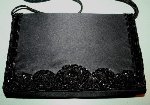 Black Satin Beaded Front Evening Bag Clutch Purse Corded Strap - Picture 2 of 10