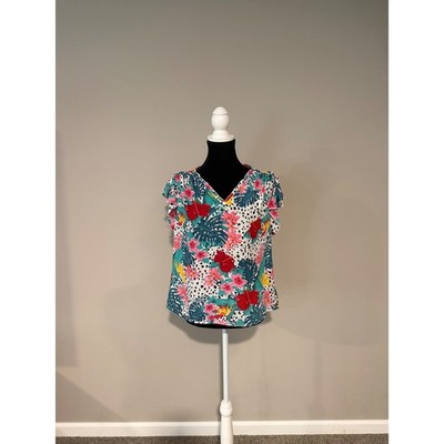 Love X Design Tropical Floral Blouse Womens Large Flutter Sleeve Boho Top