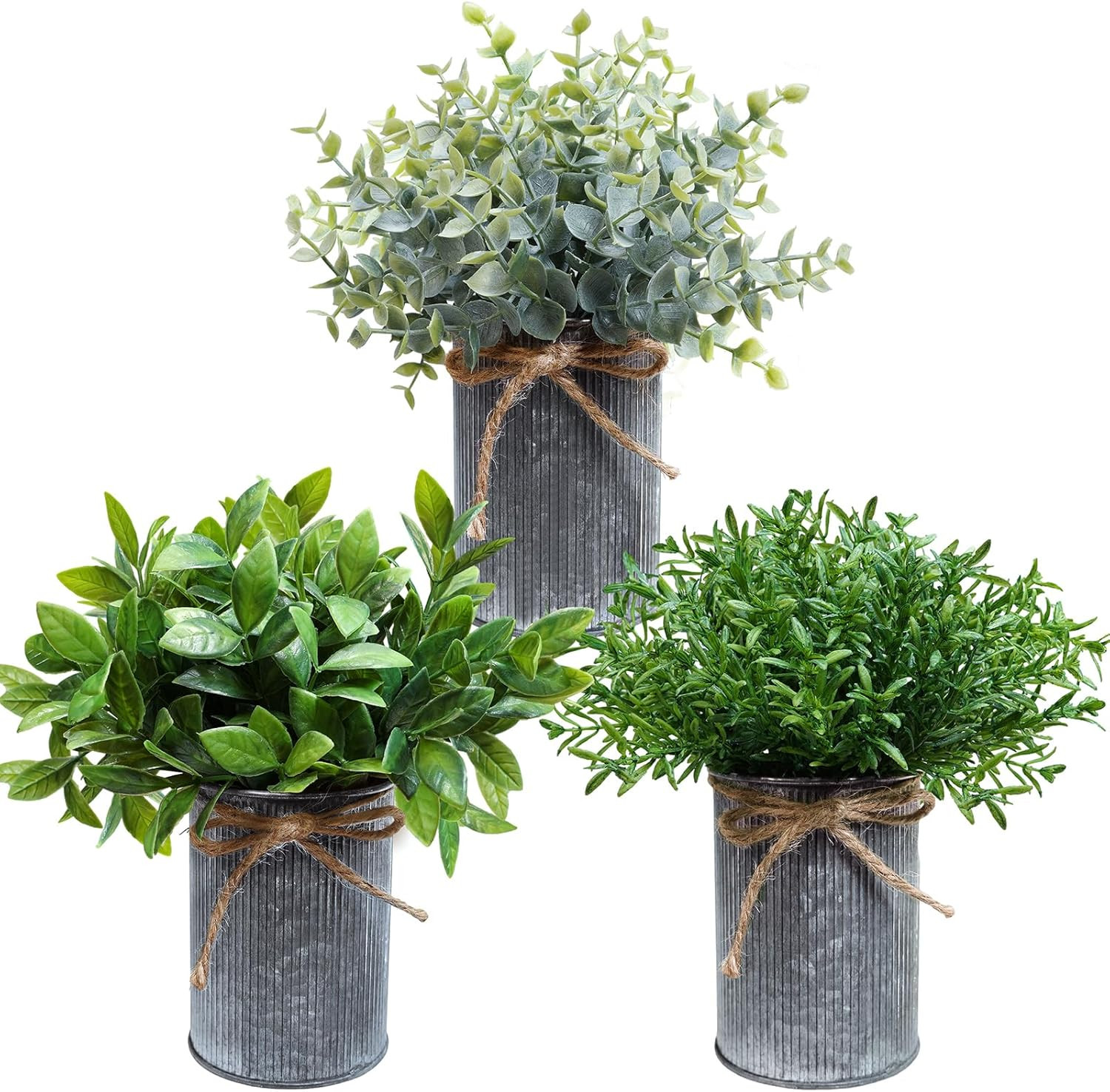 3 Mini Artificial Potted Plants Boxwood Eucalyptus Greenery Set