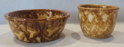 Antique Yellowware Pottery Brown Sponge Ware Pudding Bowl & Custard Cup