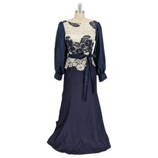 30093 Tahari Lace Satin Maxi Dress Blue White size 8 cottagecore bohemian formal