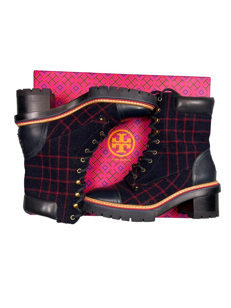 ⭐️⭐️ Tory Burch Womens Boots Miller 60MM Checked Wool Calf Leather Navy