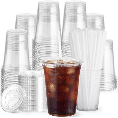 100 Pack 16 oz Clear Plastic Cups with Lids and Straws, Disposable Coffee Cup...