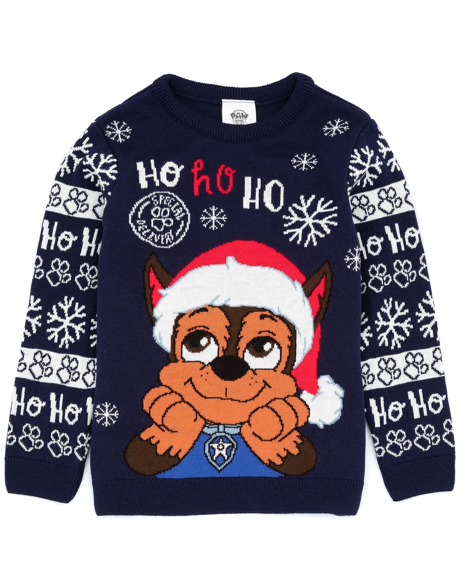 Paw Patrol Christmas Jumper Kids Boys Chase Navy Knitted Xmas Sweater