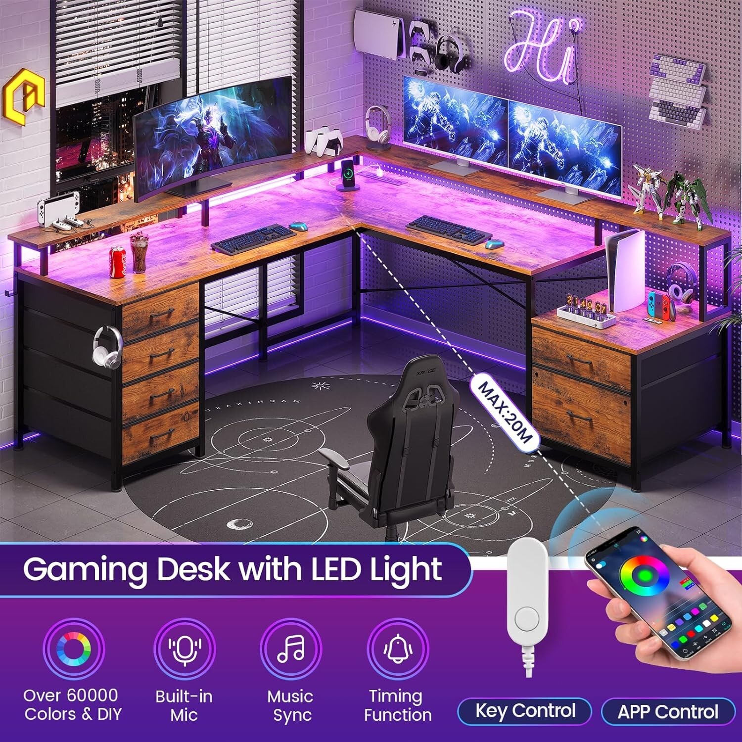 Pc Desk Ebay L Shaped Desk with 6 Drawer, Power Outlet and Led Lights Corner ...