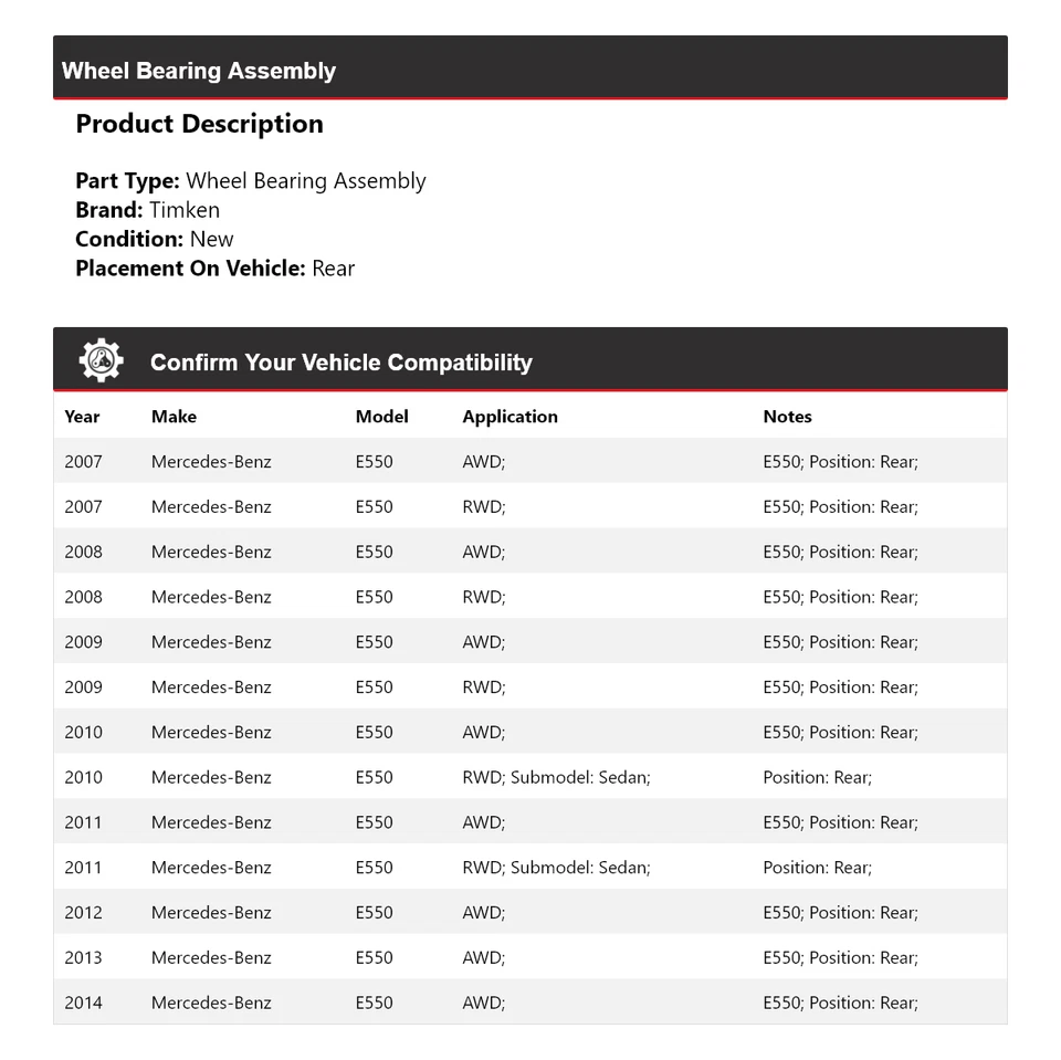 Conjunto de cojinete de rueda trasero Timken 2008 2009 para Mercedes-Benz E550 2007-2014 Foto 2 de 4
