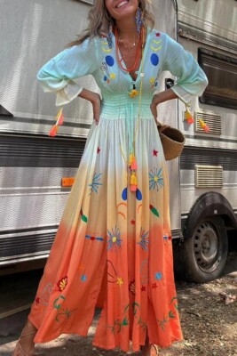 colorful resort dress New Smocked Waist Gradient Colorful Maxi Resort Island Dress Size S