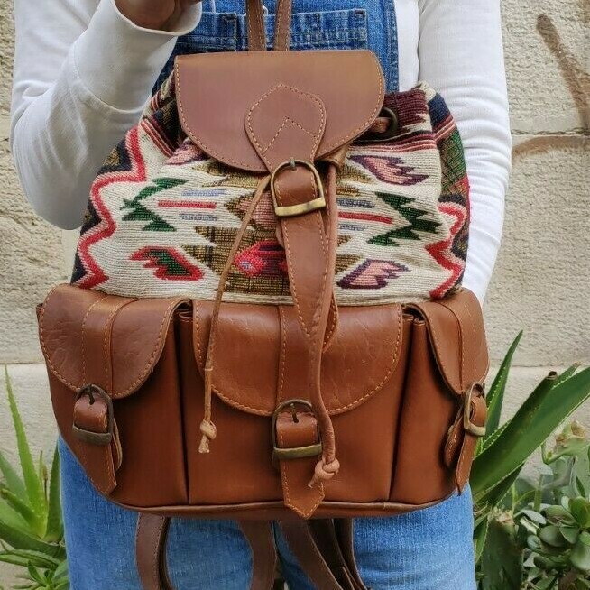 Mochila Bolsa Unisex Hombre Mujer Deportivo Piel Auténtica Cuero 5P