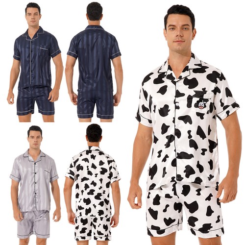 Men Stripe/Cow Print Satin Pajamas Set 