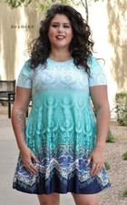 USA New PLUS SIZE Womens MINT BLUE FLORAL SILKY TUNIC DRESS POCKETS XL 1X 2X